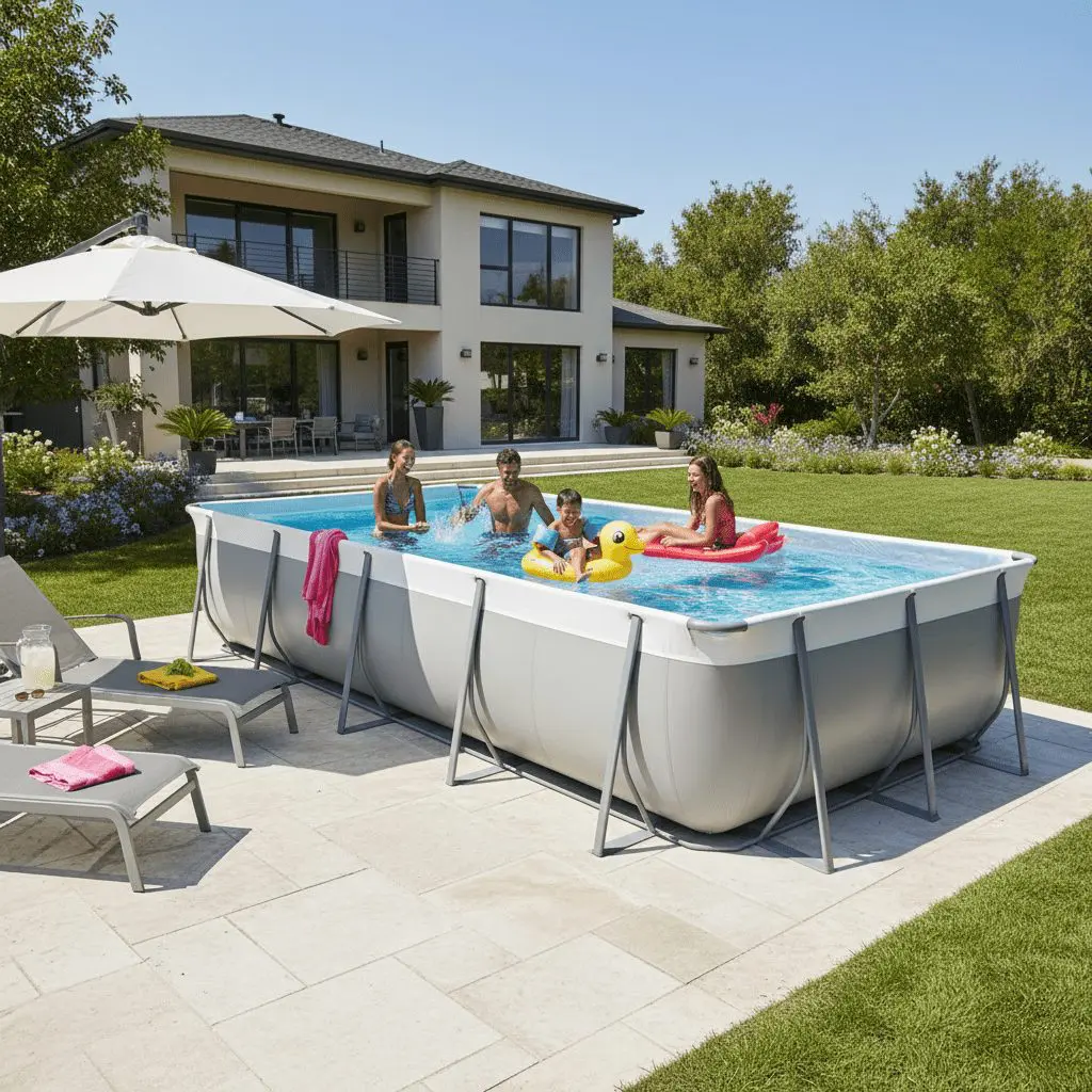 Four people, including two children, are playing in an above-ground pool in a sunny backyard. The pool is next to a lounge area with chairs and towels, and a modern two-story house is in the background.