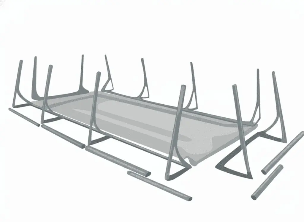 A rectangular table is lying upside down with its metal legs sticking up. Several detached metal legs are scattered on the floor around the table. The scene appears minimalistic and stylized.