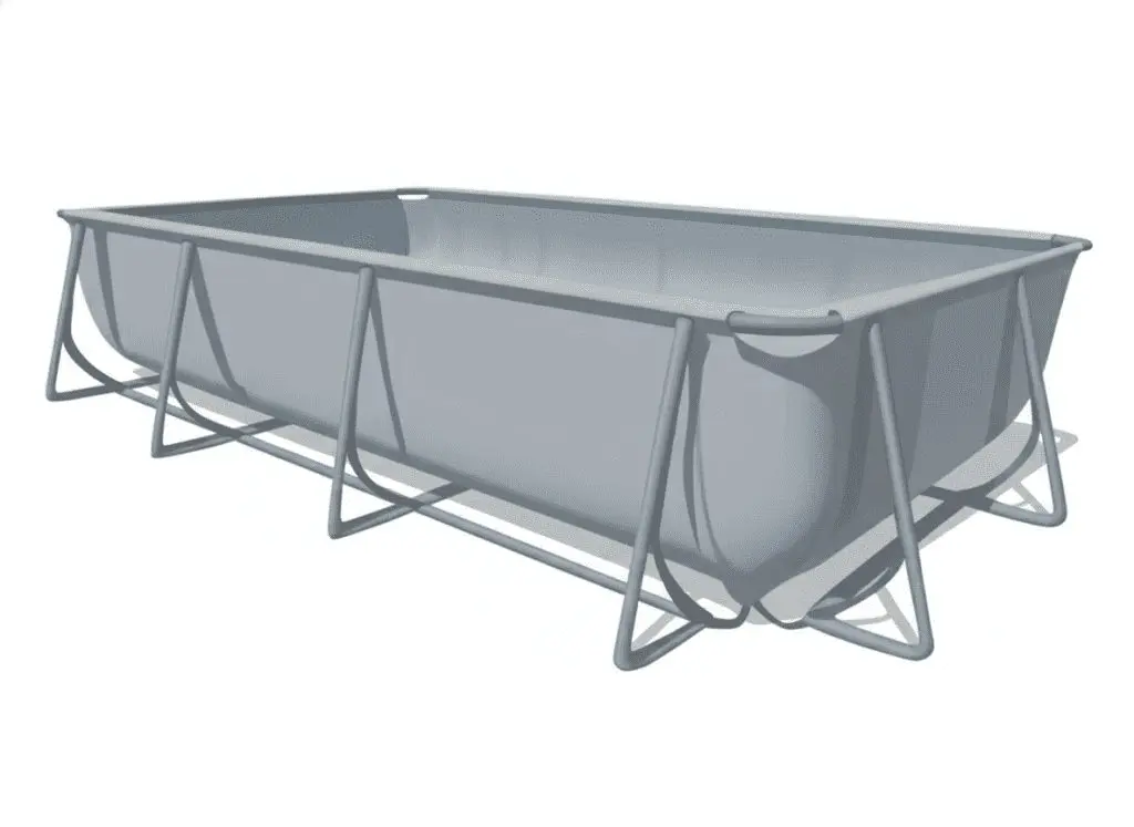 A rectangular above-ground swimming pool with a grey metal frame and supports, shown on a plain white background.