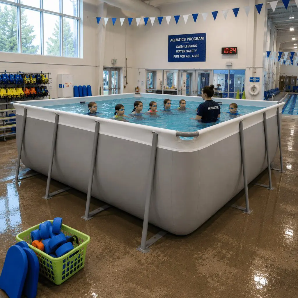 A swim instructor teaches a group of young children in a large above-ground pool at an indoor aquatic center. Colorful flotation devices are nearby, and a sign on the wall lists swim program info.