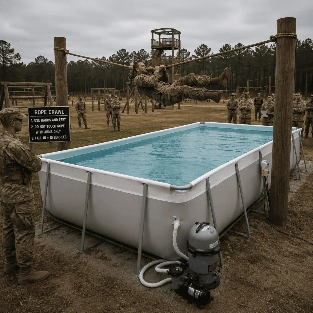 A group of soldiers watch as one soldier crawls on a suspended rope above a pool of water, with a sign displaying rope crawl instructions at a military-style outdoor training course.