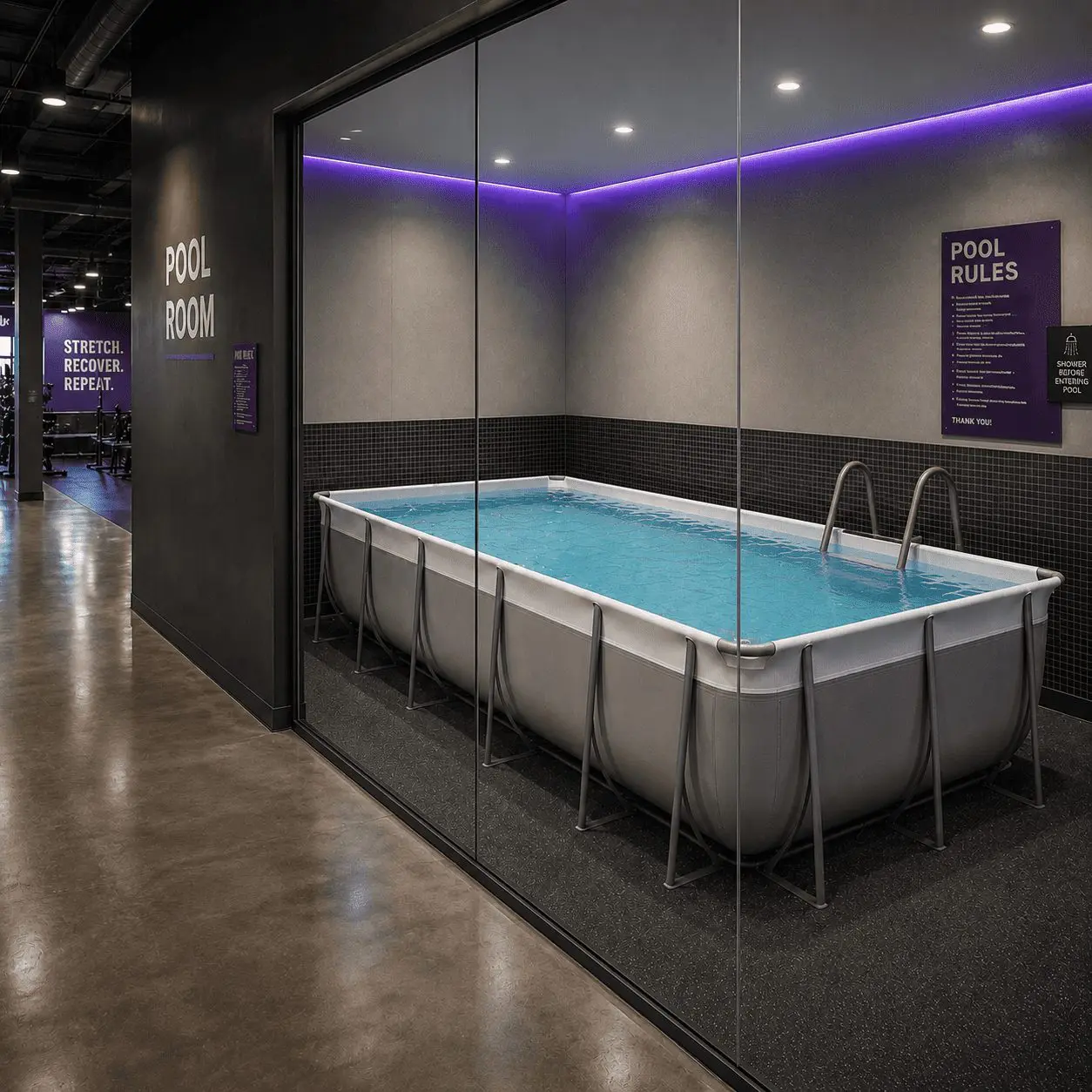 A small indoor pool with clear water in a glass-walled room, illuminated by purple LED lights. Signs on the walls read Pool Room and Pool Rules. The floor is polished concrete.