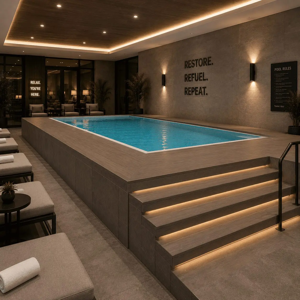 Indoor pool with glowing blue water, surrounded by lounge chairs with towels. Wall signs read RESTORE. REFUEL. REPEAT. and RELAX, YOURE HERE. Warm lighting creates a calm, inviting spa atmosphere.