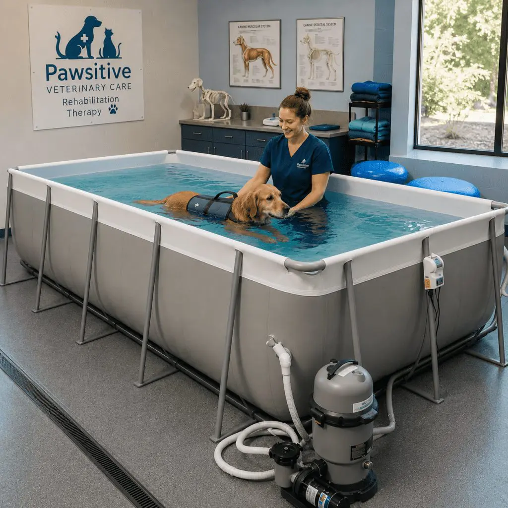 A woman in scrubs assists a golden retriever wearing a harness in a large indoor therapy pool at a veterinary rehabilitation center. The room is clean and bright, with veterinary posters and equipment visible.