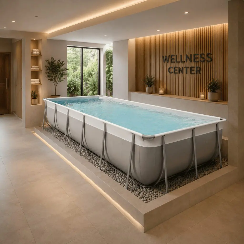 A modern indoor wellness center features a large rectangular above-ground pool with clear water, surrounded by pebbles and sleek beige flooring. Green plants and towels decorate the serene, softly lit space.