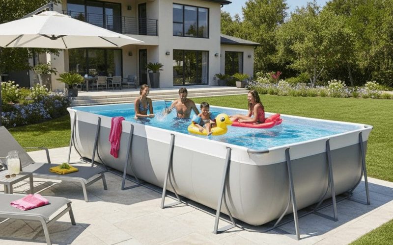 Four people, including two children, are playing in an above-ground pool in a sunny backyard. The pool is next to a lounge area with chairs and towels, and a modern two-story house is in the background.