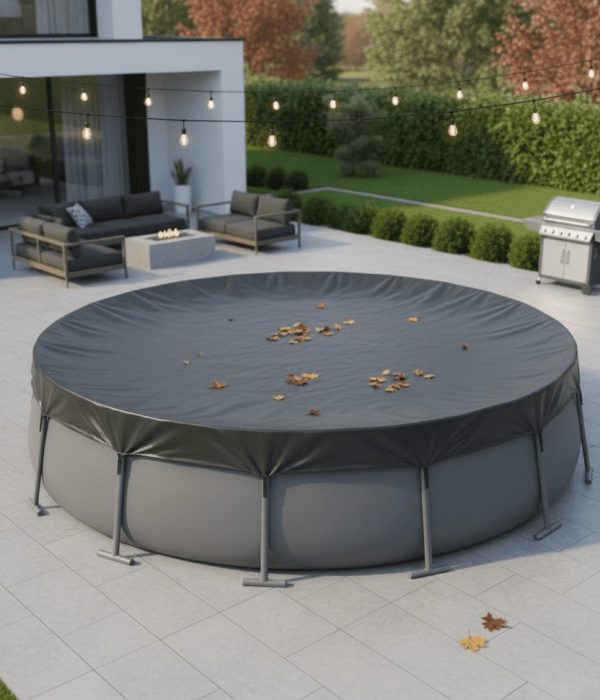 A round above-ground pool covered with a black cover, scattered with autumn leaves, sits on a patio near outdoor furniture and a grill. String lights are hung above, and trees with fall foliage are in the background.