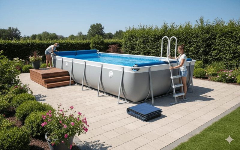 Two people set up an above-ground pool in a landscaped backyard, with one rolling up a pool cover and the other standing by the pool ladder. The area is surrounded by plants and pavers on a sunny day.